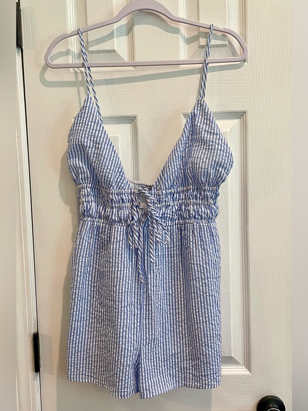 HYFVE Blue & White Seersucker Romper | Size Medium | Adjustable Straps | Lined